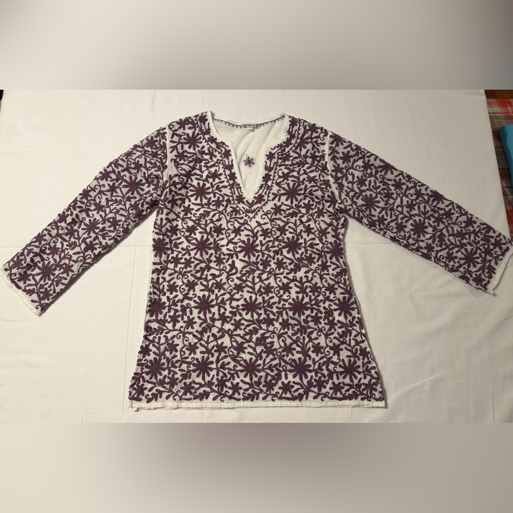 Sevya Handmade Purple Floral Embroidered Cotton Gauze Boho Tunic Top White Small